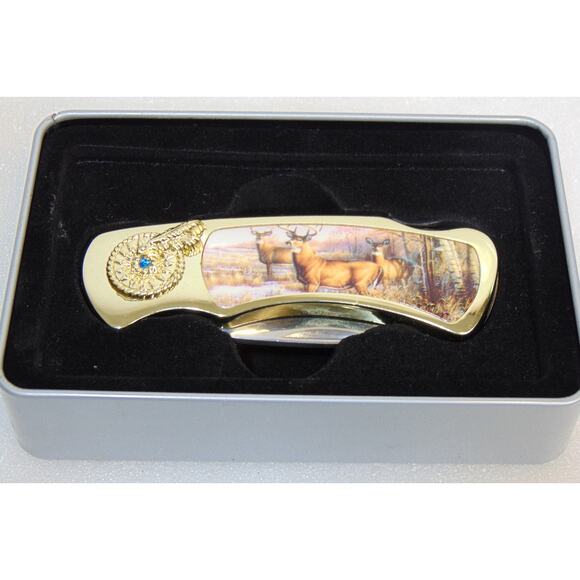 Wildlife Lockback Buck Deer Knife Collectible Tin Stainless Steel Blade Feathers - Picture 5 of 12
